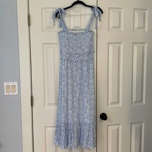 Blue and White Floral Maxi Dress Smocked with Tie Straps